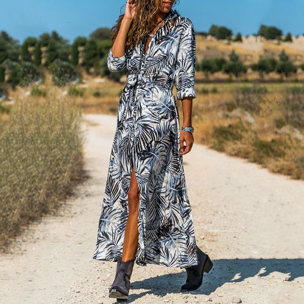 

casual dresses wholesale designer women long maxi summer sleeve buttons split dress lapel neck ladies sashes beach shirt c5n8, Black;gray