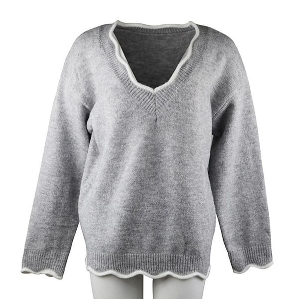 

women's blouses & shirts 2021 sweater long sleeve solid color v-neck loose women knitted cute pullover top, White