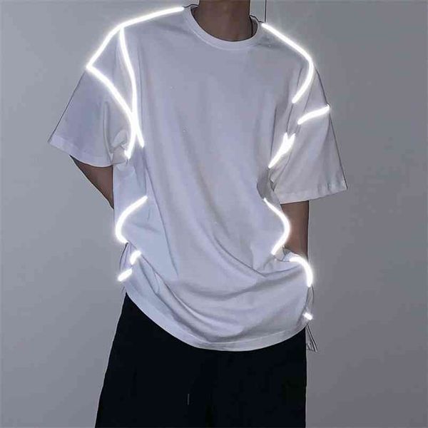 

iefb / men's wear reflective loose short-sleeved t-shirt for male fashion cotton clothes black white loose big size 9y2228 210409, White;black