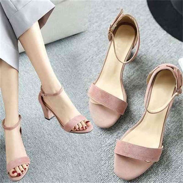 

thick heel 7 cm 5 cm sandal summer wild large size high heel mid-heel buckle sandals open toe flock pumps shoes 210715, Black