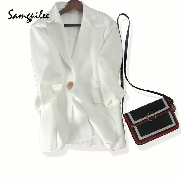

women's suits & blazers 2021 autumn arrival samgpilee three quarter sleeve fashion solid single button notched appliques casual women l, White;black