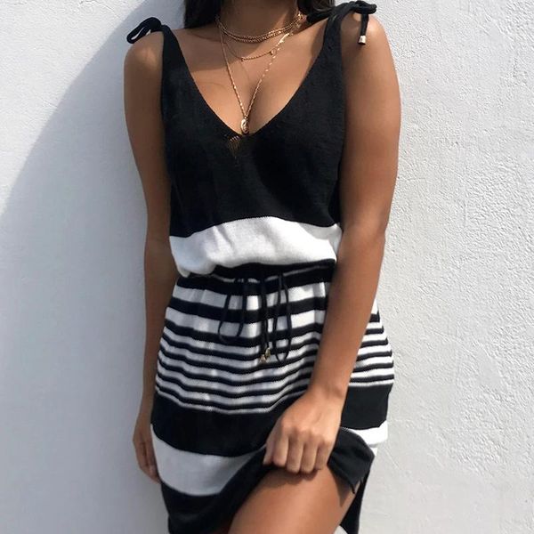 

casual dresses summer knitted blouse cut out striped bikini cover holiday cross v-neck mini dress woman, Black;gray