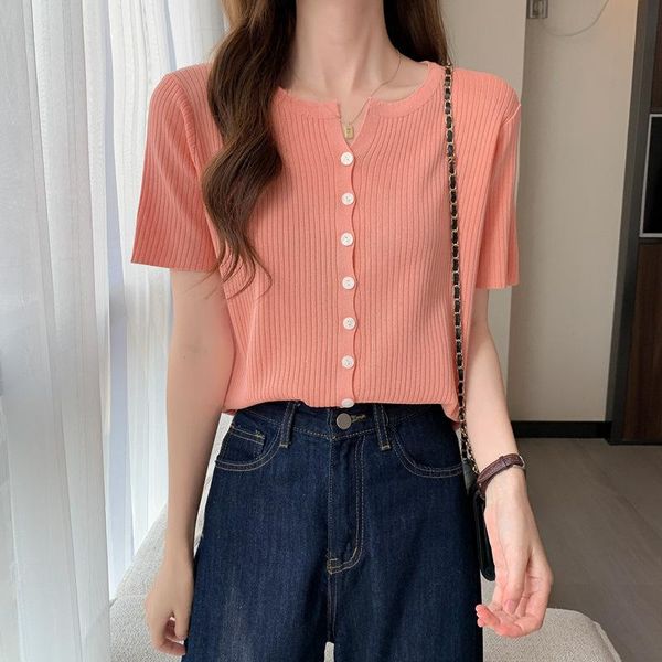 

women's knits & tees 9 clolor women summer ice silk short sleeve knitted cardigan casual female v-neck thin white purple single breaste