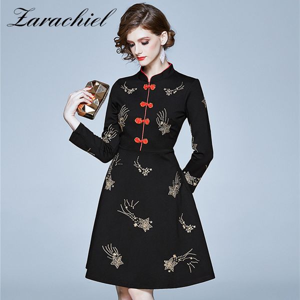 

dresses vintage golden star embroidery autumn spring women elegant mandarin collar buckle wrist sleeve female a-line vestido, Black;gray