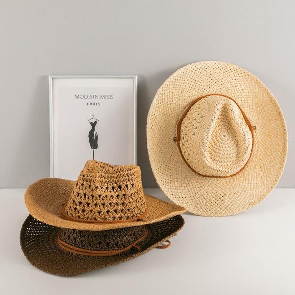 

berets women's hollow straw hat with windproof rope jazz cowboy sunhat men handwoven breathable sunmer beach wide brim cap for ladies, Blue;gray