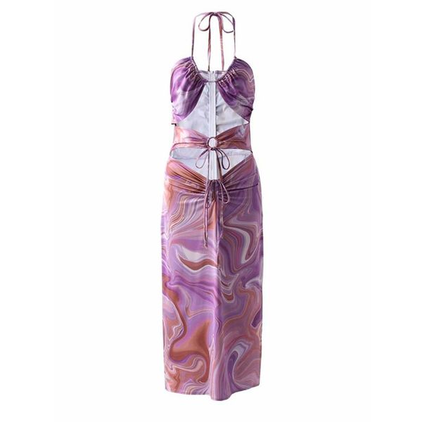 

casual dresses puwd woman purple hollow out halter long dress 2021 summer fashion female backless party slim, Black;gray