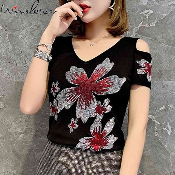 

women's t-shirt summer korean style mesh girls fashion off shoulder shiny diamonds women short sleeve back tees t12902a, White