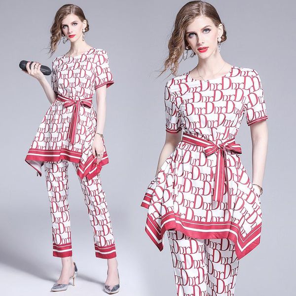 

two piece dress women winter letters printed coffee brown two-piece set round neck long sleeve with irregular straight leg hem t-shirt, White