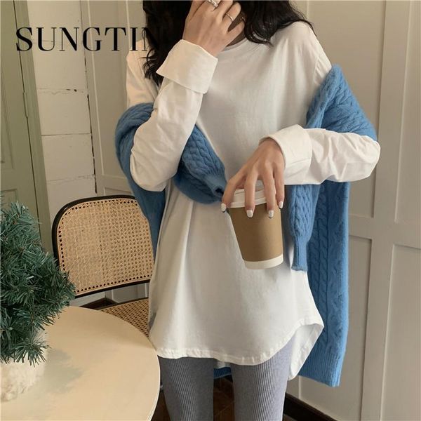 

women's t-shirt sungtin oversized white long sleeve woman loose split basis t shirts korea o neck vintage black elegant female 3 color