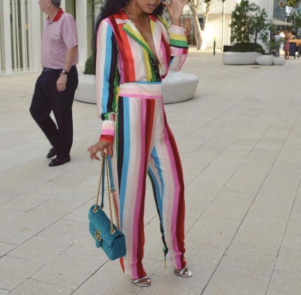 

women's jumpsuits & rompers colorful striped women casual long sleeve turn-down collar front button summer straight wide leg dn8093, Black;white