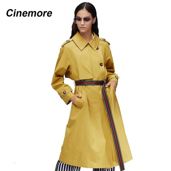 

cinemore spring autumn women trench coat fashion long loose belt lapel collar solid outerwear windbreaker 9015 210812, Tan;black