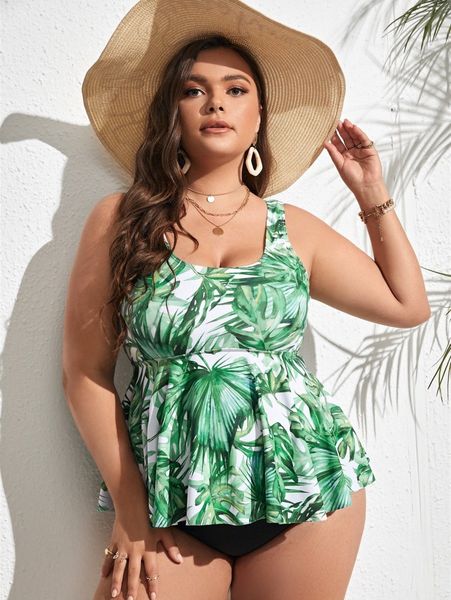 

plus tropical leaf print high waisted bikini swimsuit i6km#, Black