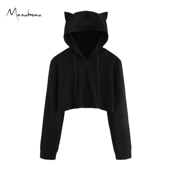 

women's hoodies & sweatshirts manubeau cute womens hoodie crop autumn solid cat ear long sleeve cropped sweatshirt hooded pullover tol, Black