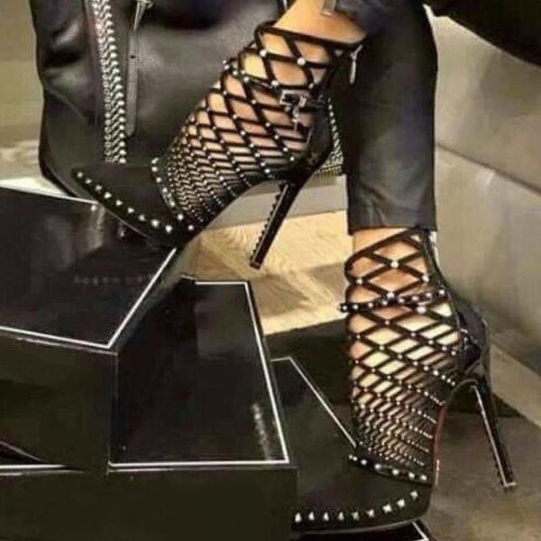 

boots 2021 gladiator sandals summer spring pointed toe rivets studded cut out caged ankle stiletto heel women shoes35-40, Black