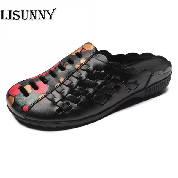 

slippers women summer 2021 vintage floral slides genuine leather flat women's rome style casual ladies shoes, Black