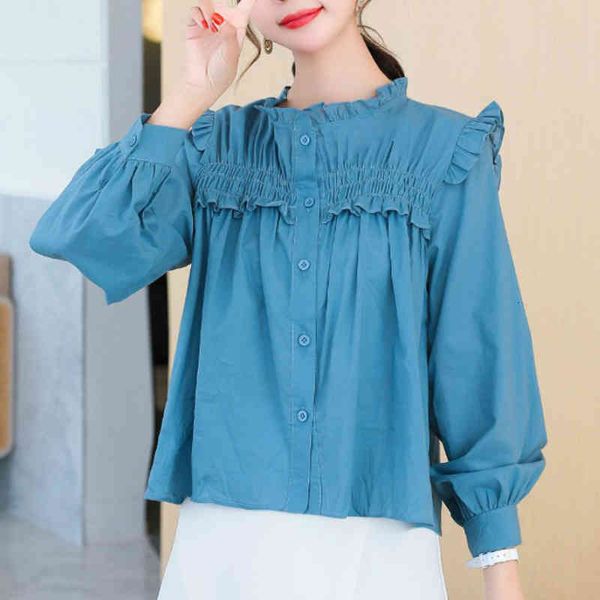 

women's tanks & camis womens spring long sleeved single-breasted solid lake blue ruffles sweet blouses shirts 7k49, White