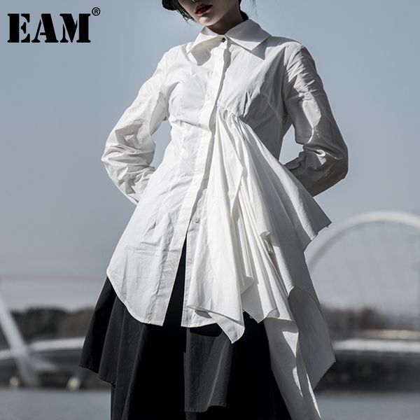 

[eam] women white asymmetrical ruffles casual blouse lapel long sleeve loose fit shirt fashion spring autumn 1dd6192 21512