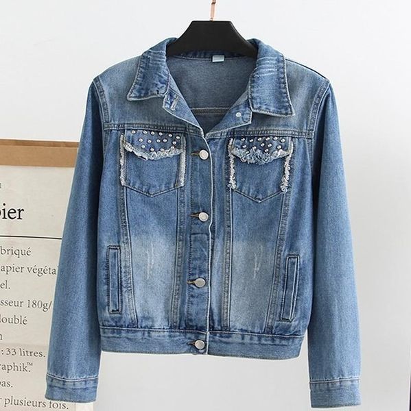 

women's jackets jean jacket harajuku style front pockets ripped fringed denim studded plus size, Black;brown