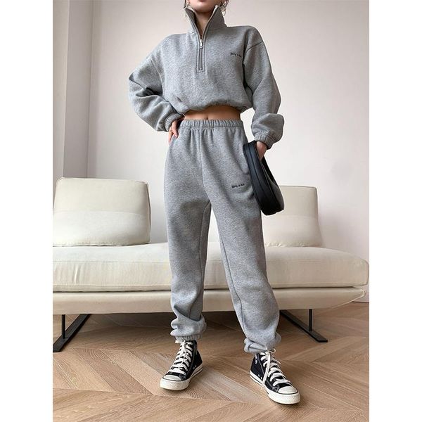 

women's two piece pants european street style early autumn stand-up collar plus velvet short sportswear + elastic waist sports trousers, White