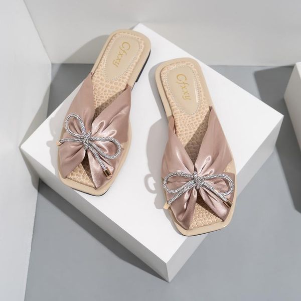 

slippers outdoor flat slides fashion women shoes 2021 summer squre toe open silk bow, Black