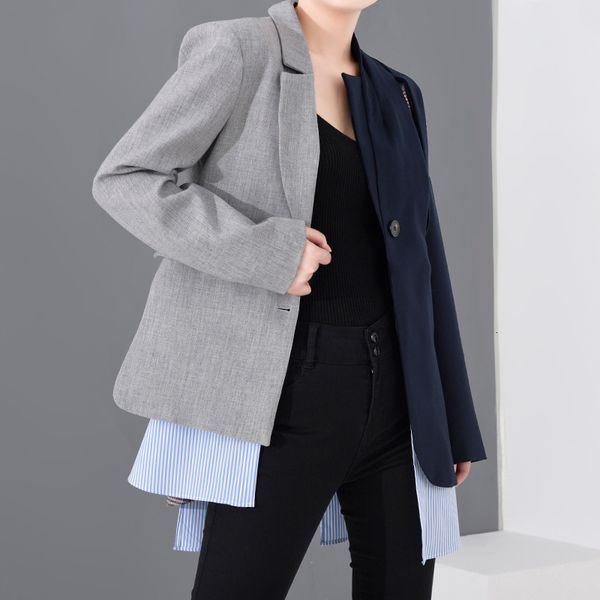 

[eam] women blue plaid asymmetrical big size blazer new lapel long sleeve loose fit jacket fashion spring autumn 1n90102 201013, White;black