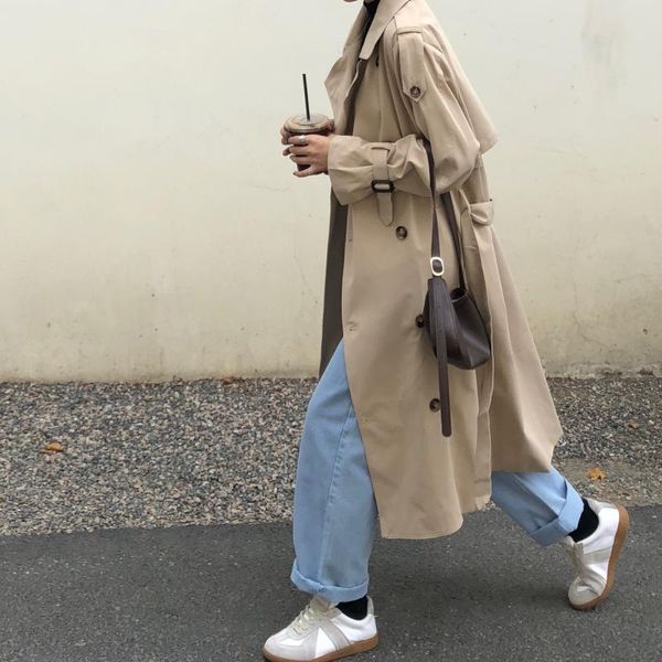 

women's trench coats korean coat temperament windbreaker autumn medium and long khaki, Tan;black