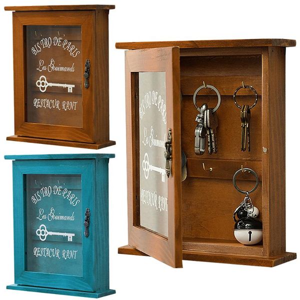 

hooks & rails wooden vintage housekeeper on wall blue brown key storage box cabinet holder with hanging letter rack home decor