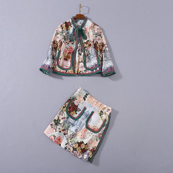 

two piece dress european and american women's wear winter style bow flower cartoon print jacket seven-point sleeves skirts fashion suit, White