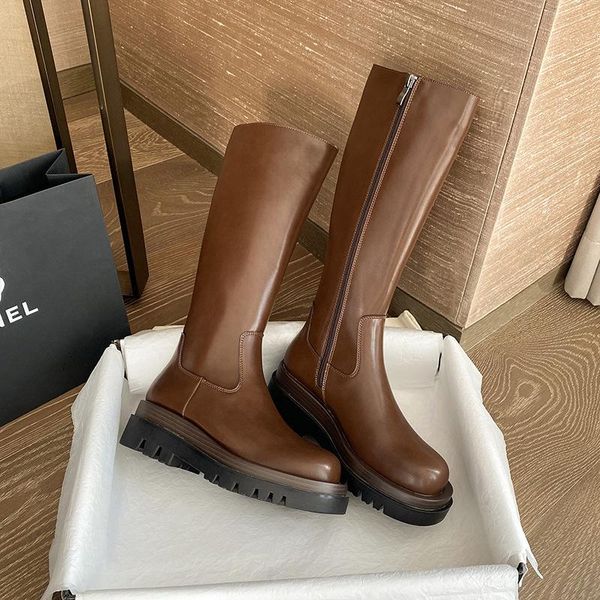 

boots fonberry 2021 chunky heel platform motorcycle high women brand design round toe side zip riding shoes, Black