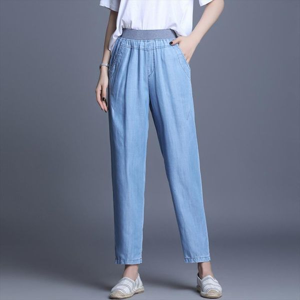 

summer mom harem pants women jean loose waist casual ankle length blue thin