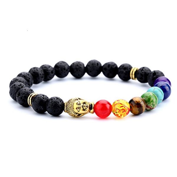 

bracelet selling accessories 8mm seven chakras yoga volcanic rock buddha head, Golden;silver