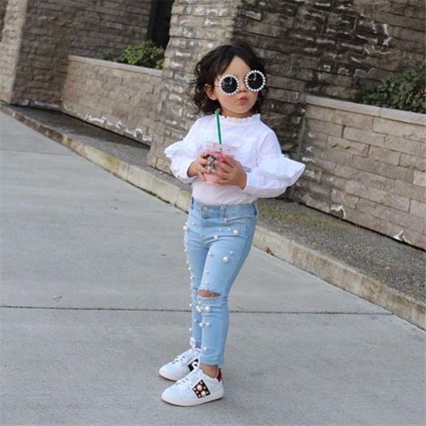 

toddler kids girls summer jeans denim blue casual hole pants elastic beads trousers
