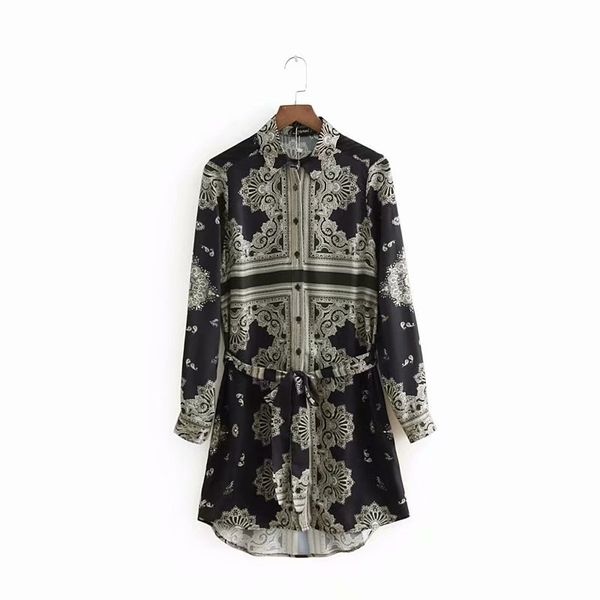 

women vintage totem flower print mini dress office lady business wear sashes shirtwaister casual slim brand dresses ds916 210419, Black;gray