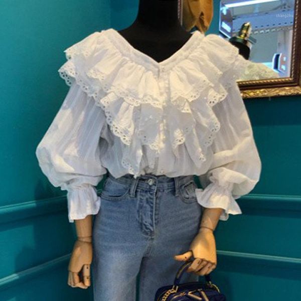 

women's blouses & shirts 2021 spring fashion women long sleeves flouncing v neck female blouse shirt a916, White