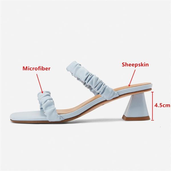 

sandals orignice sweet pleated soft leather arrival peep toe thick heels pumps slippers women slides summer basic shoes skzu, Black