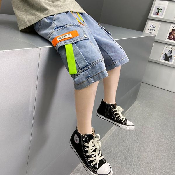 

trousers kids boys letters printed thin denim five pants summer big virgin, Blue