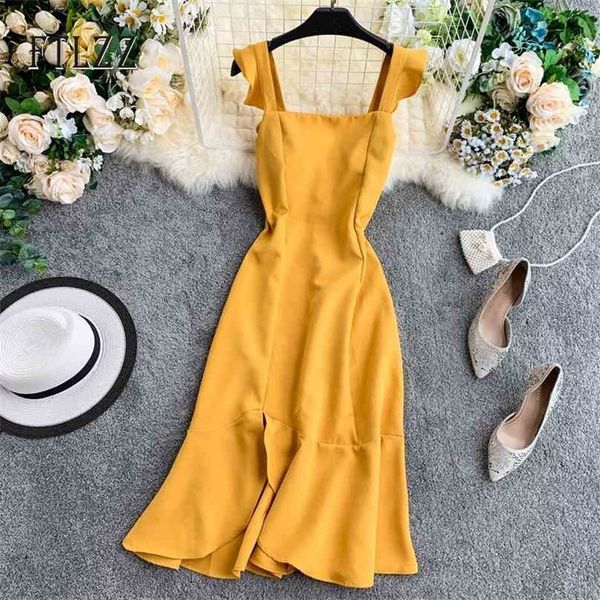 

bodycon dress women summer ruffle spaghetti strap beach wear slim square neck vintage boho dresses vestidos mujer 210525, Black;gray