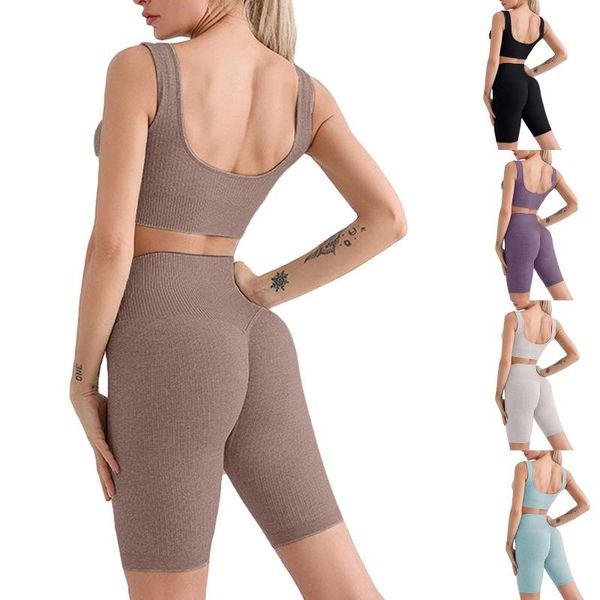 

yoga outfit 2021 high stretch solid color set sleeveless crop +short gym leggings women tracksuit running sportwear 2 piece