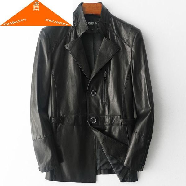 

men's leather & faux real sheepskin 100% coat men spring autumn clothes 2021 korean business natural genuine jacket mes jackets 92009, Black