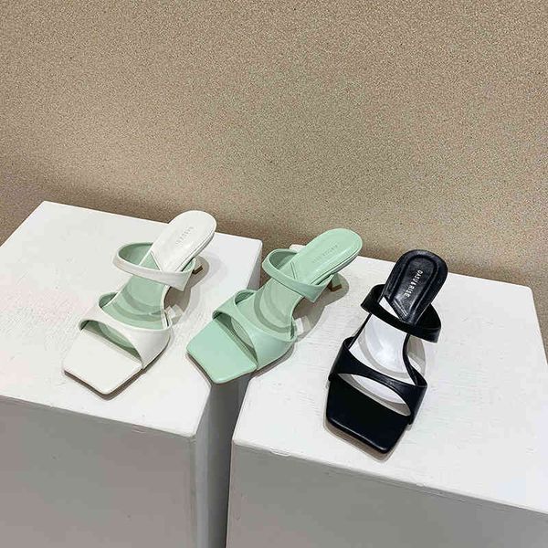 

slippers fashion women sandals narrow band thin high heels open toe casual slides solid color slip on mules shoes black/green 3ne8