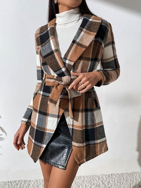 

plaid shawl collar belted overcoat r8ix#, Black