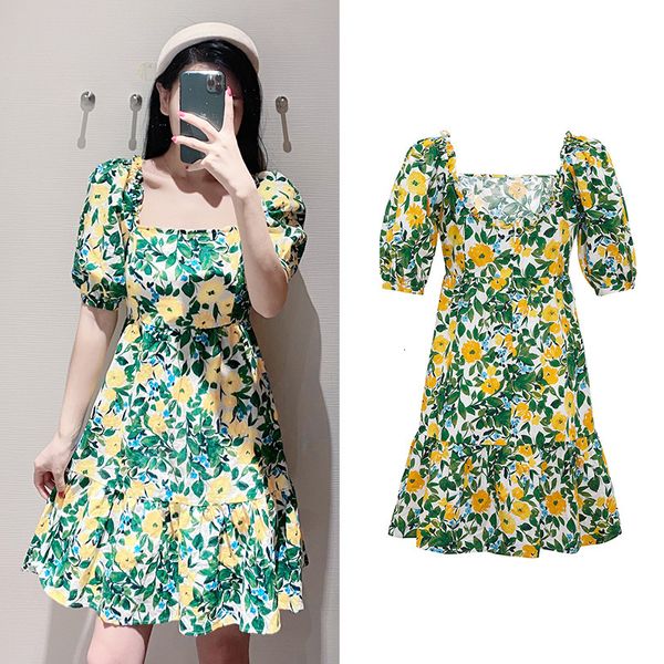 

luxury casual dresses sweet wind drs summer women's bubble sleeve platycodon skirt french slim square neck floral drs, Black;gray