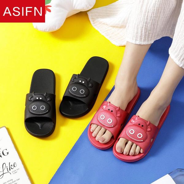 

cute cow summer women men slippers trend cartoon animals style non-slip couple wild sandals bedroom female shoes, Black