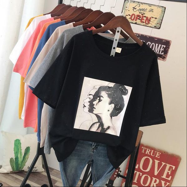 

large womens size harajuku fashion summer casual t shirt loose short sleeved pullover 100% cotton lady print, White