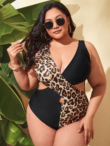 

plus leopard cut-out cross one piece swimsuit b9tl#, Black