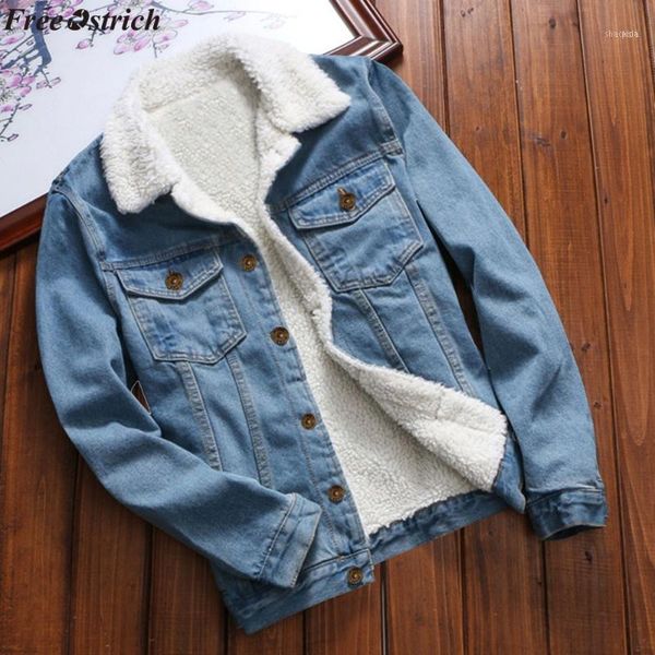 

womendenim jacket with fur women autumnwinter denim warm upset vintage long sleeve loose jeans coat outwear1, Black;brown