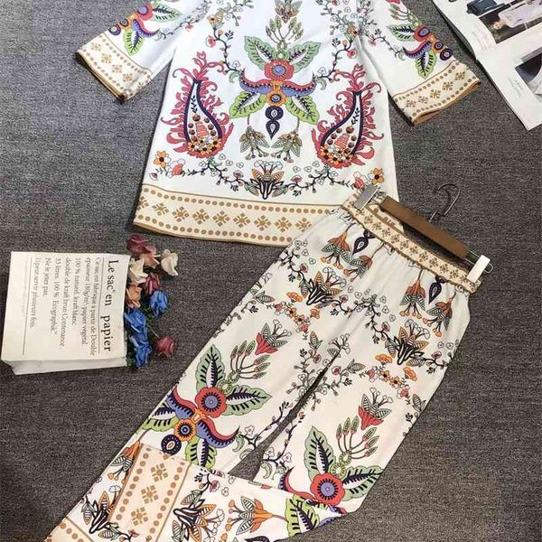 

truevoker spring runway fashion sets suit half sleeve totem print diamond blouse + pant suit resort party two piece set 210602, White