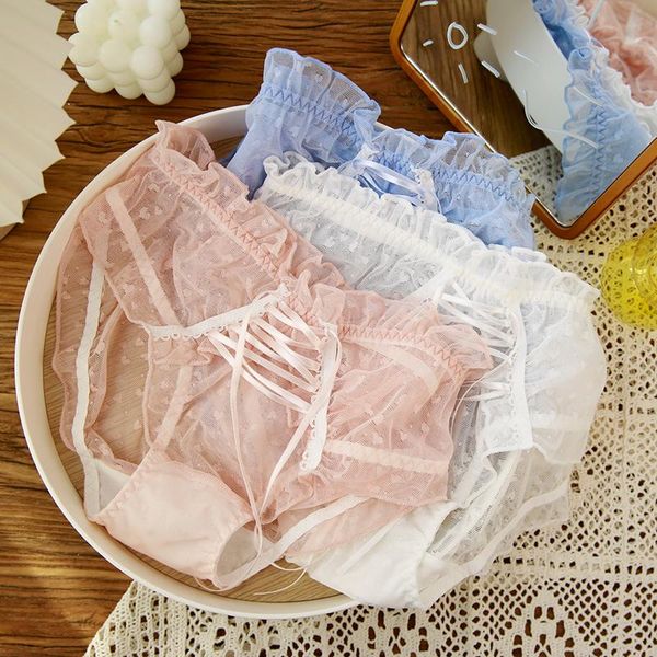 

women's panties 4 colors sweet japanese women gauze low waist underwear girls cross lace-up bow ribbon breathable lace lady briefs, Black;pink