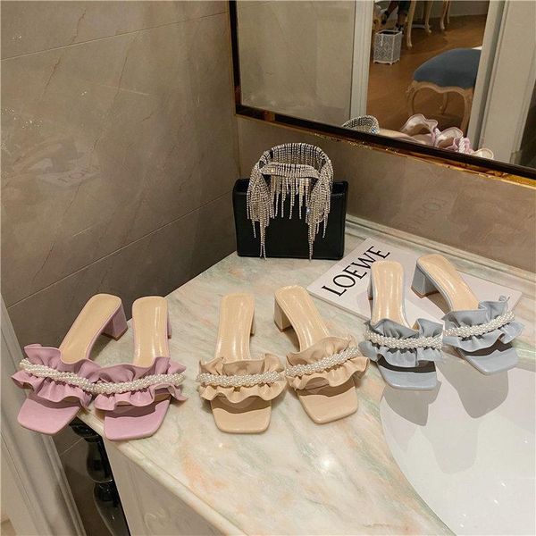 

fashion brand candy colors ruffles pearl slippers women summer outdoor slides square heel sandals ladies shoes sx4550, Black