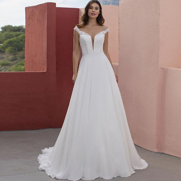 

other wedding dresses off the shoulder 2021 appliques jersey sleeveless sweep train button back bridal gowns for women robe de mariÃ©e, White